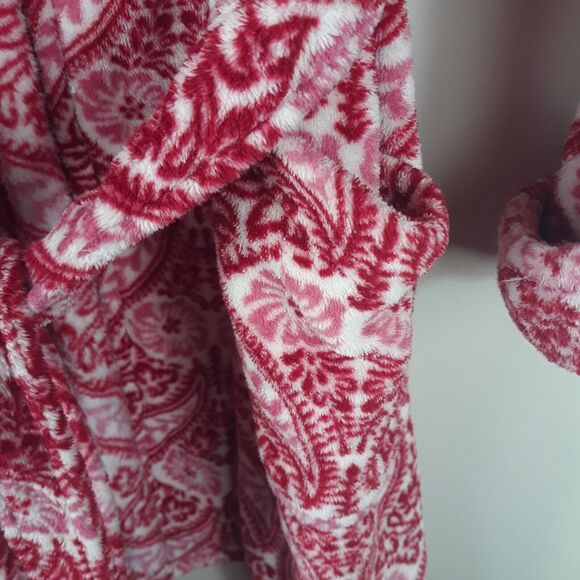 Lucky Brand Bathrobe Women Medium Red White  Floral Pockets Tie Soft - Picture 3 of 10